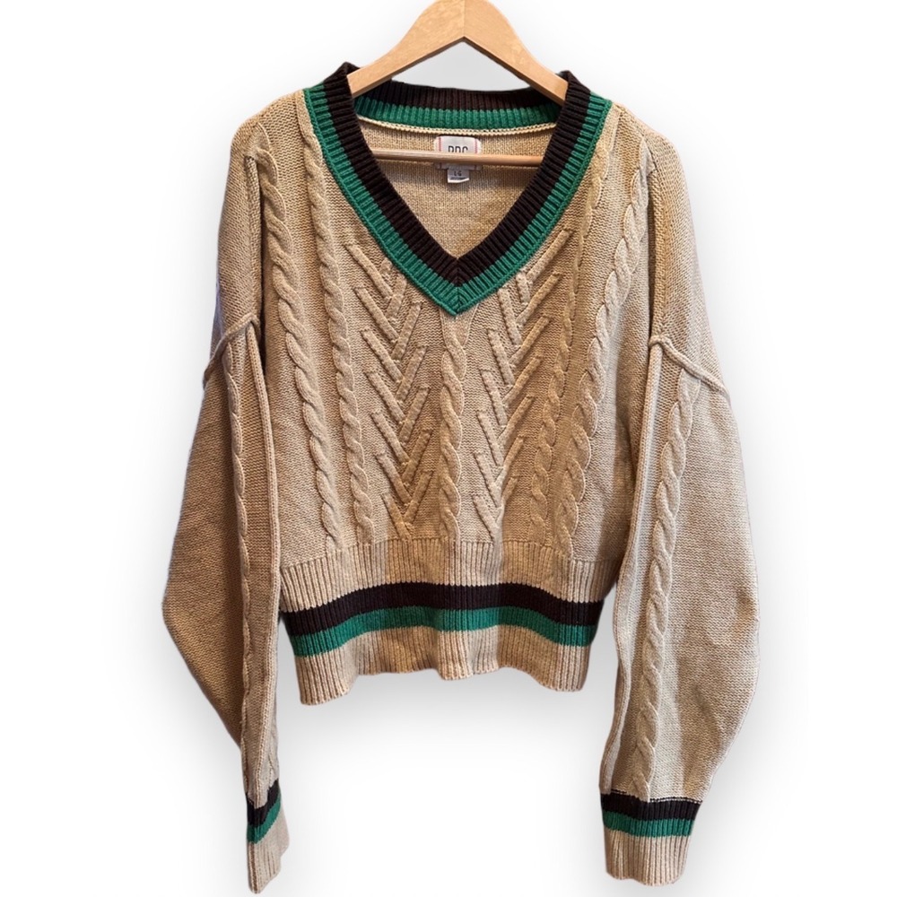 BDG Urban Outfitters Tan Cable Knit Varsity V-Neck Sweater Green Brown Stripe L